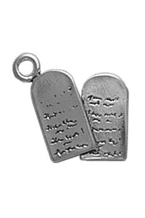 Sterling Silver 8" 4.5mm Charm Bracelet With Attached 3D Ten Commandments Stone Tablets Charm