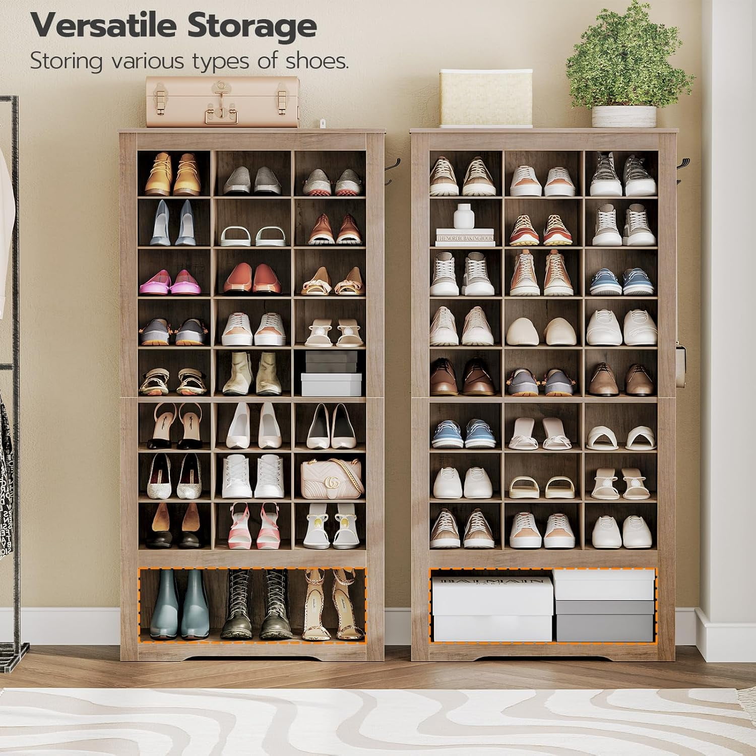 HOOBRO Shoe Cabinet 8-Tier Heavy Duty Shoe Rack with 24 Cubbies and 3 Hooks Entryway Closet Living Room Gray BG24SC01