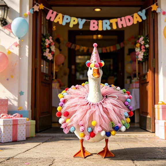 PiGOGI 23 Inch White Goose Birthday Decoration Set, Blue Pink Costume with Hat, Outdoor Yard Lawn Patio Decor