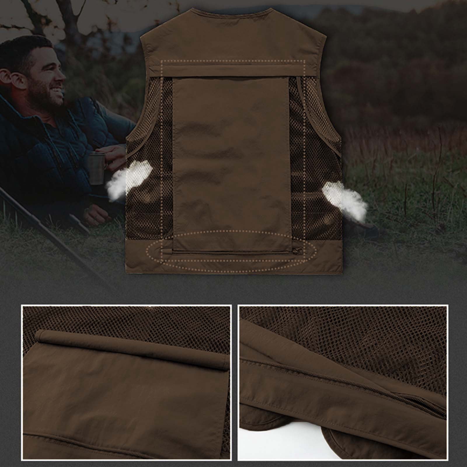 Wyobmus Mens Fishing Hunting Vest Lightweight Outdoor Full Zip Travel Utility Vest V Neck Work Jacket with Multi Pocket A-Coffee