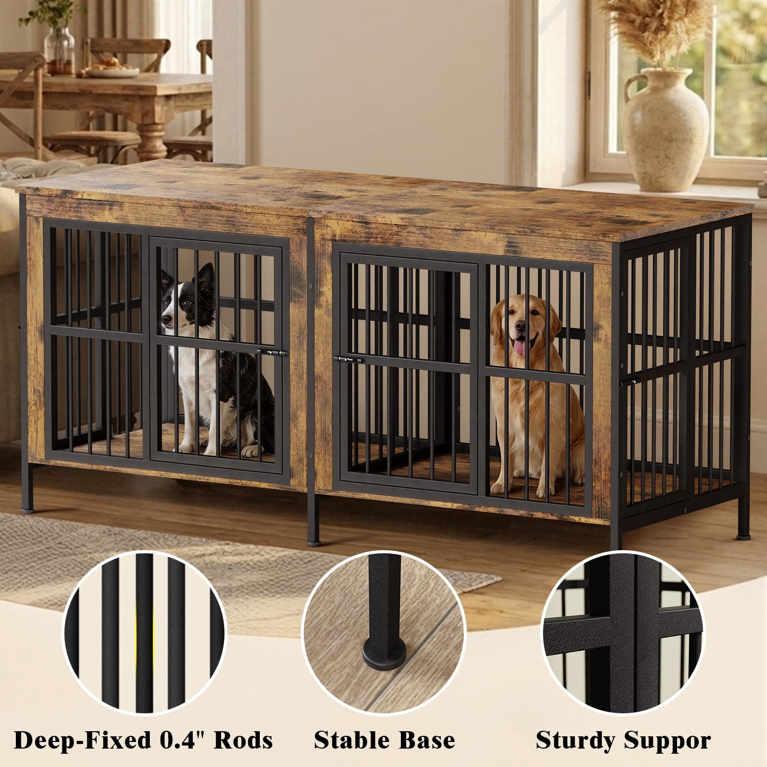 YOKWOK 78 Inch Dog Crate Furniture for Large Dogs with Sturdy Removable Divider, Extra Large Double Doors Dog Kennel Furniture,Thick Wooden Dog cage Furniture, Brown