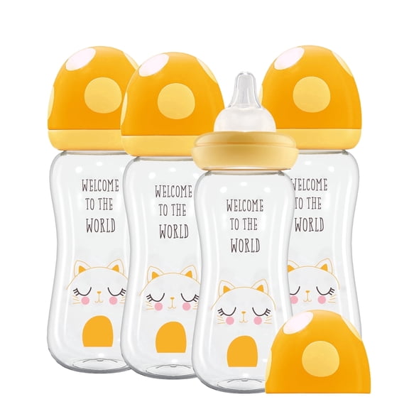 YOHKOH Yellow Glass Baby Bottles,with Natural Response Nipple,for 3m Toddler(8.8oz ,4pk)