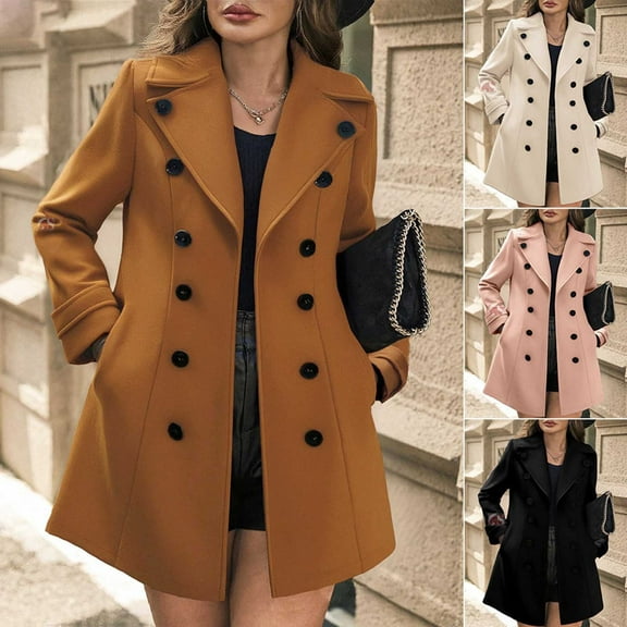 Miluxas Womens Fall Winter Wool Coats Long Sleeve Lapel Slim Fit Double Breasted Midi Peacoat Trench Coats Pink XL(XL)