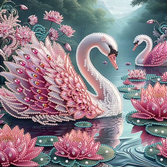 5D DIY diamond art painting kit, lotus swan landscape special shape diamond canvas, that can relieve stress and relax and can be used for home wall decoration