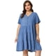 thumbnail image 4 of Women's Plus Size Denim Dress Tiered V Neck Short Sleeve Midi Chambray Dresses Blue 4X, 4 of 7