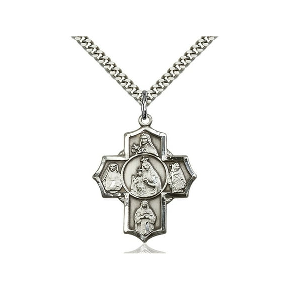 Sterling Silver Our Lady of Mount Carmel Pendant 1 1/4 x 1 inches with Heavy Curb Chain