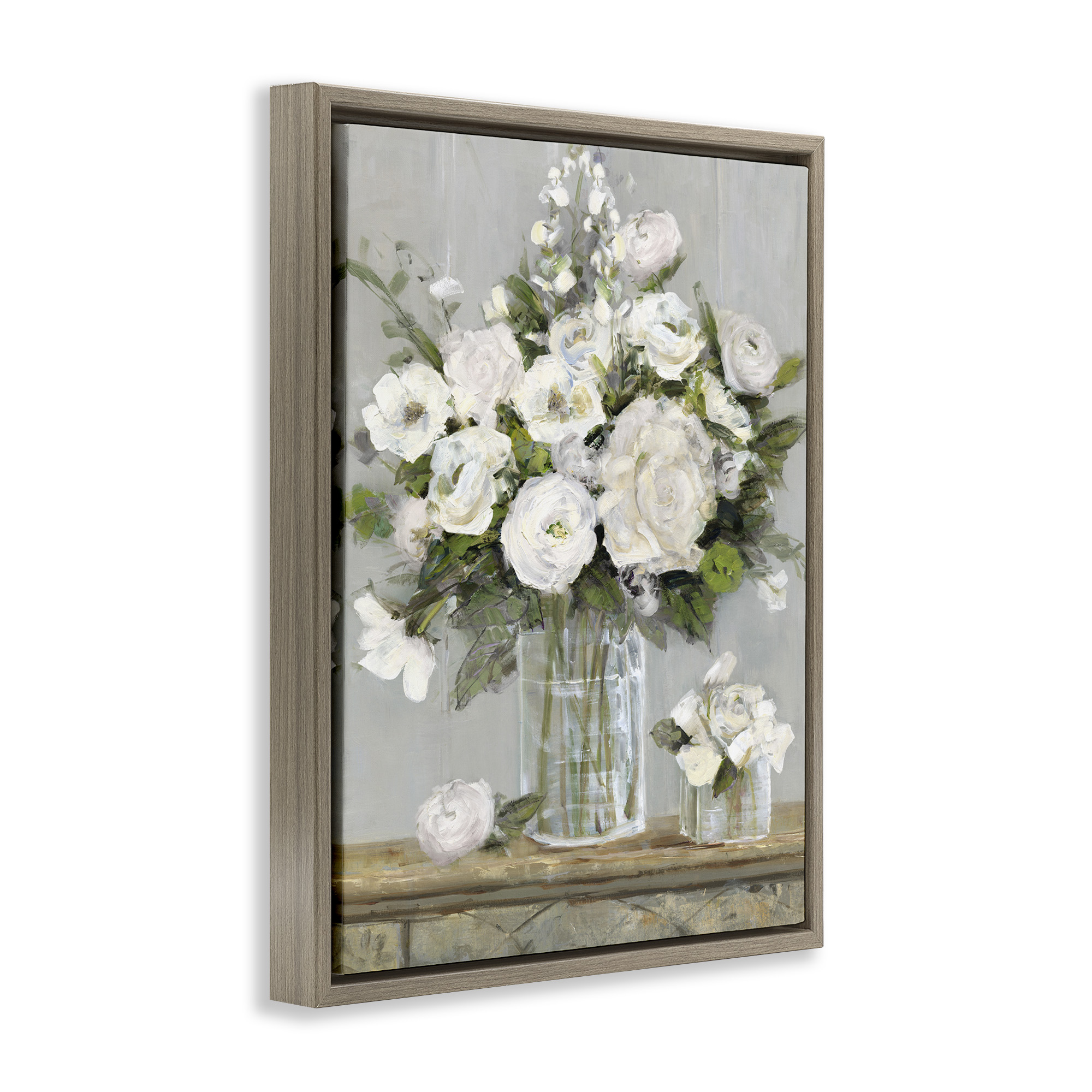 Stupell Industries Country White Full Blossoms Botanical & Floral Painting Brown Floater Framed Canvas Art Print Wall Art, 25 x 31