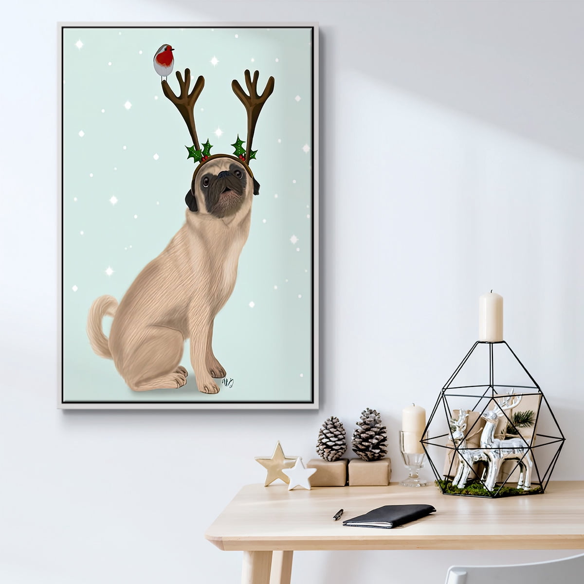 Christmas Pug with Antlers and Robin - Framed Gallery Wrapped Holiday Canvas - 25 x 37 - White Frame