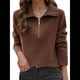 thumbnail image 1 of Suéter de Otoño para Mujer, de Larga, con Cremallera de 1/4, Sudadera Holgada de Punto Acanalado con Abertura. Color Café XL, 1 of 4