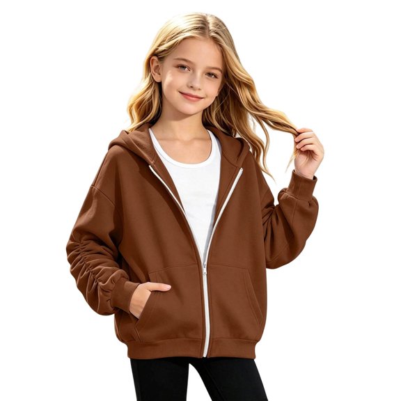 Girls Solid Color Ruched Sleeve Zip Up Hoodie Jacket, Casual Fleece Lined Pocket Hooded Sweatshirt for Kids Fall Winter Daily Wear(Brown,10-11 Years)