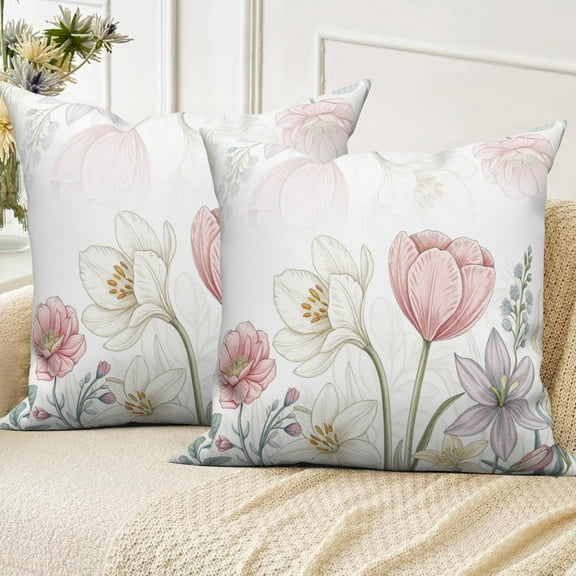 DaShan Pink Flower Throw Pillow Covers 16x16 Set of 2,Farmhouse Summer Linen Pillows Case for Bedroom Sofa Couch