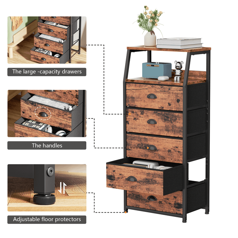 Satifur 5-Drawer Nightstand,Tall Fabric Dresser Storage End