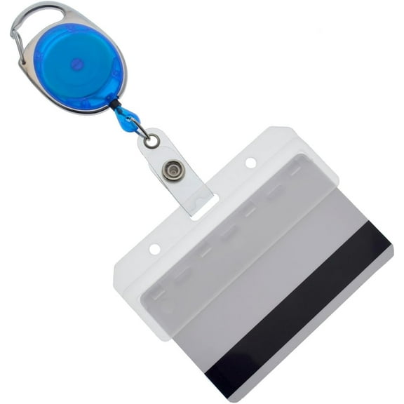 2 Pack - Premium Carabiner Badge Reels with Half Card Badge Holders - Leaves Mag Stripe Exposed for POS and Swipe Cards by Specialist ID (Blue)