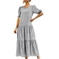 thumbnail image 1 of Vestido maxi informal de verano para mujer Vestido bohemio floral con cuello redondo Puff Manga corta Vestido de playa con gradas Vestido largo con vuelo Fridja  yut373, 1 of 5