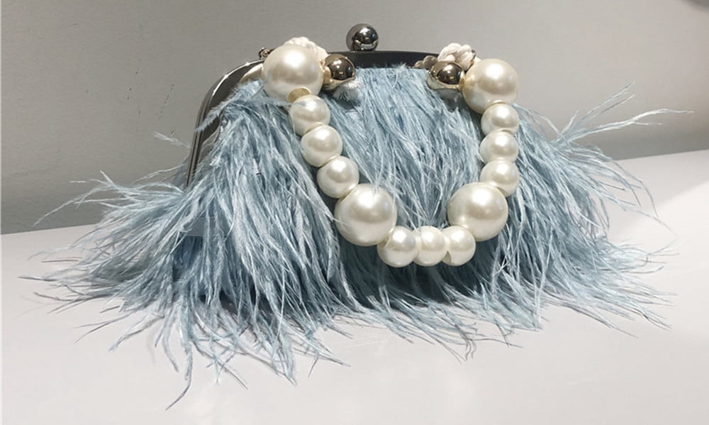 Vintage Fluffy Ostrich Feather Evening bags and Clutches for Women Pearl Chain Tote bags Bridal Purses Wedding Party Blue