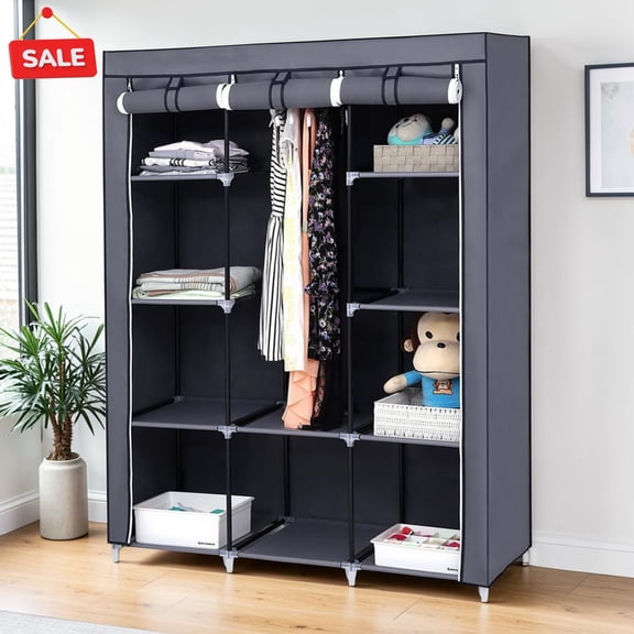 GZXS Wardrobe Closet, Quick and Easy Assembly, Portable Clothes Rack with Hanging Rod and Non-Woven Fabric Cover for Bedroom, Gray