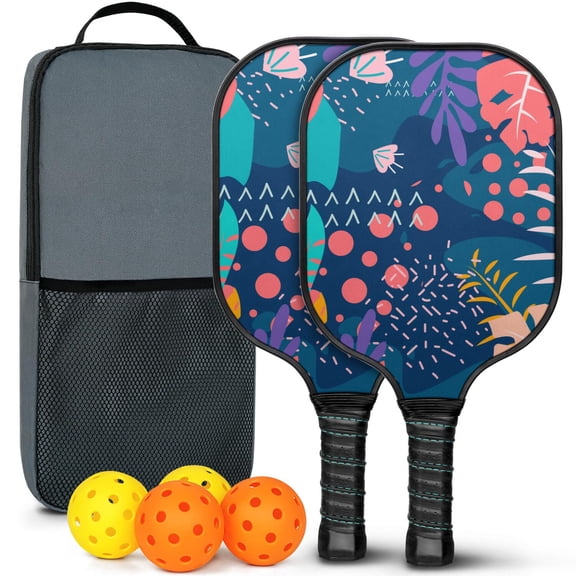 Pickleball Paddles Set Of 2, Fiberglass Surface, Tropical Jungle Print, 4 Balls & Bag