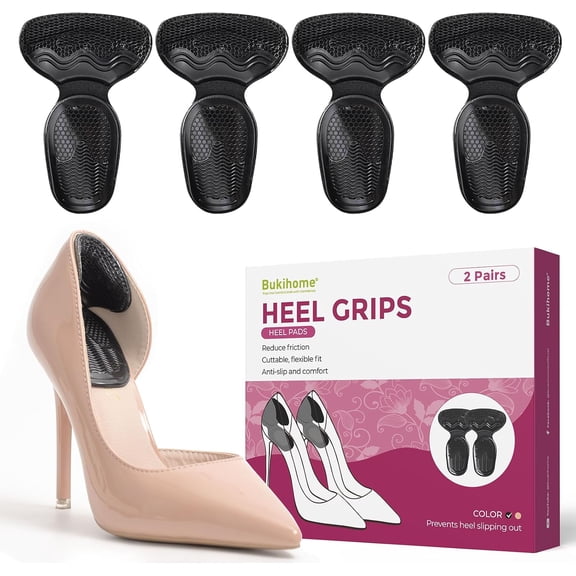Bukihome T-Shaped 2 in 1 Heel Pads, Anti Blister Non Slip Heel Grips for Heels Flats Sneakers, 2 Pairs Black