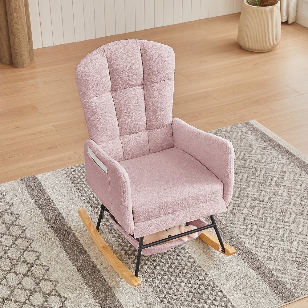 Pink Teddy Fleece Rocking Chair, Upholstered Nursery Glider with High Back, Metal & Wood Frame