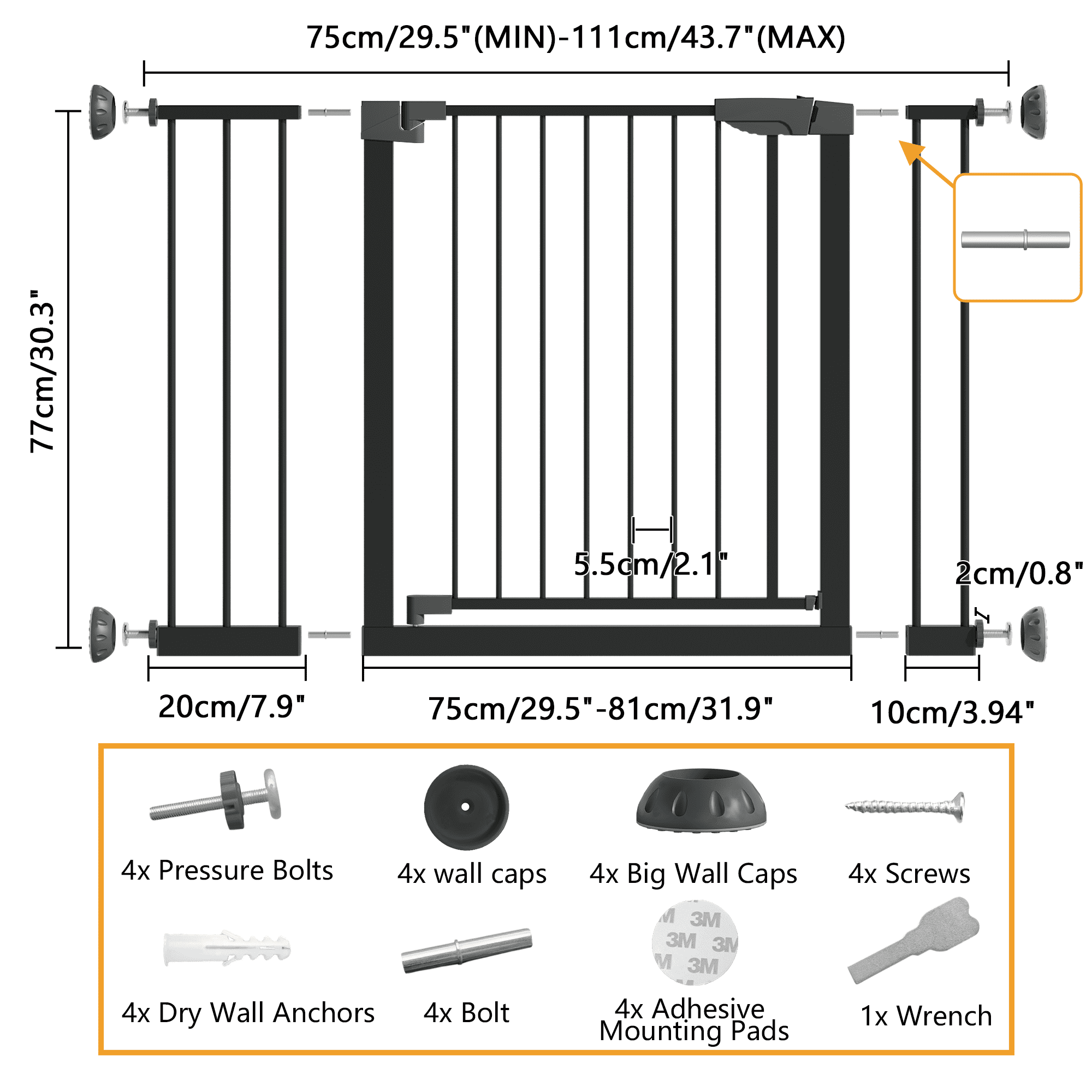 Leumius 29.5-45.3" Wide Baby Gate with Wall Protector for Stairs and Doorways, No Drilling Pressure Mounted Pet Gates for Kids, Easy Walk Through Safety Gate Black