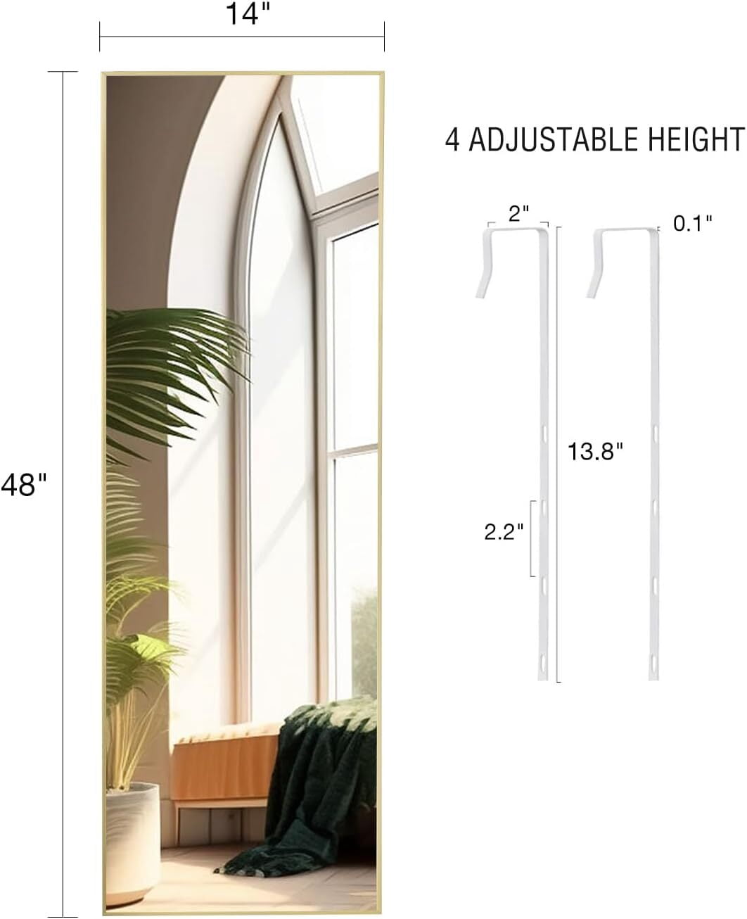 Anyrose 48"x14" Full Length Mirror Over The Door Mirror Wall Mounted, Gold