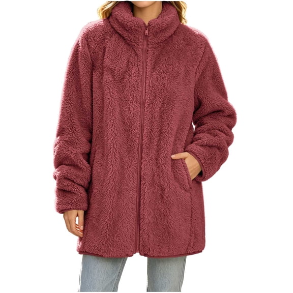 QIYAGBSA Sherpa Fleece Jackets for Women Stand Collar Full Zip Oversized Fuzzy Plush Long Sleeve Coats with Pockets Fall Winter Warm Outerwear