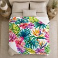thumbnail image 5 of Magenta Hibiscus with Monstera and Palm Leaves, Bold Tropical Style for Flower Lovers, Jewel Color Garden and Housewarming Gift, Soft Flannel Blanket for Sunroom and Guest Room, Home Decor, 5 of 9