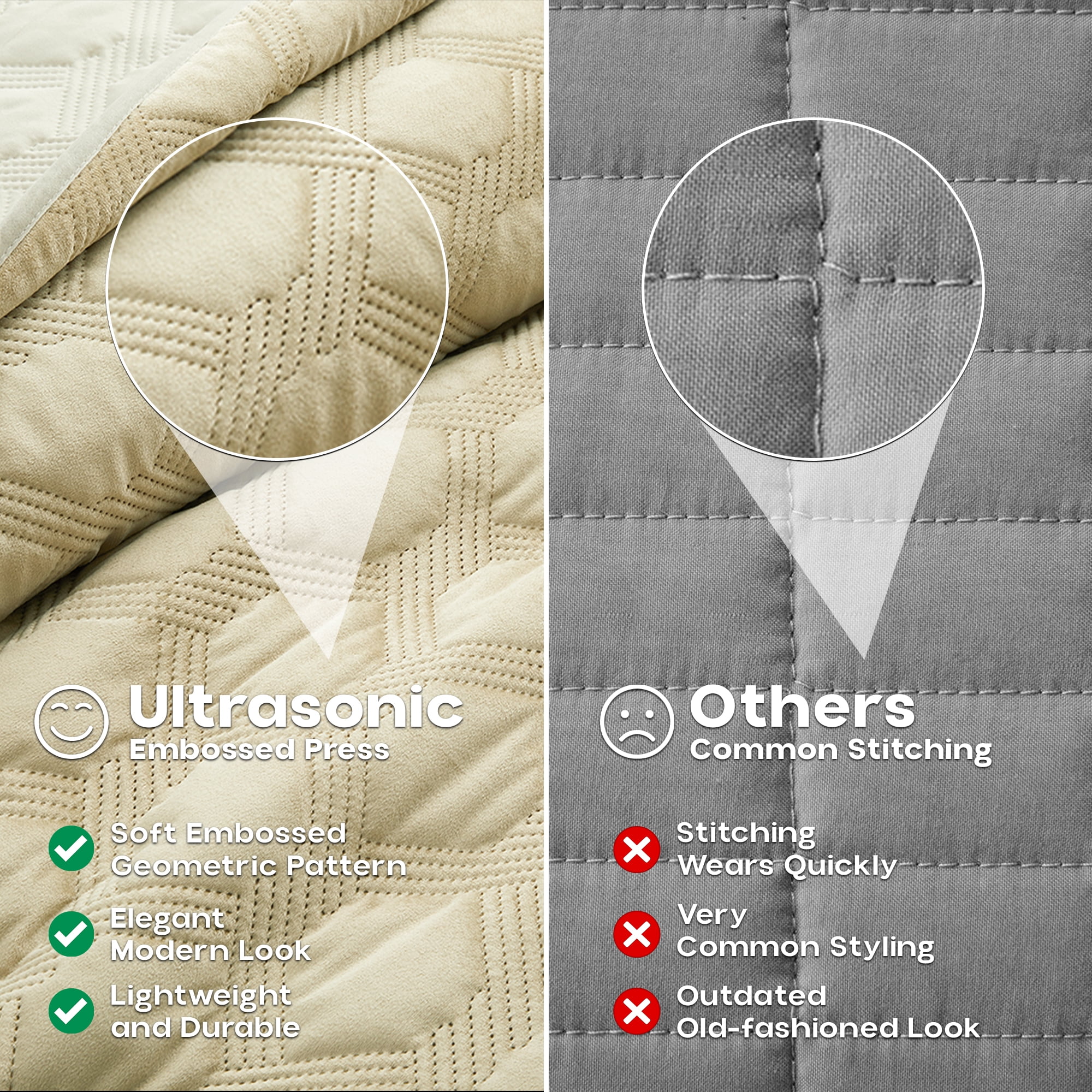 Ameha Velvet Quilt Set 3 Piece Geometric Ultrasonic Embossed Bedspread Reversible 350GSM Soft Microfiber Bedding Beige Full/Queen