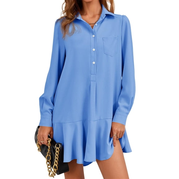 Long Sleeve Women Casual Button Down Shirt Dress Collared Pleated Swing Mini Dresses