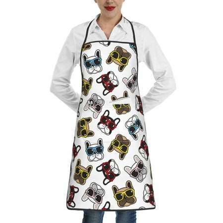 

Pofeuu Bulldog Sunglasses Face Print Aprons with Pockets Cute Aprons for Kitchen Cooking Server Barber Chef Apron