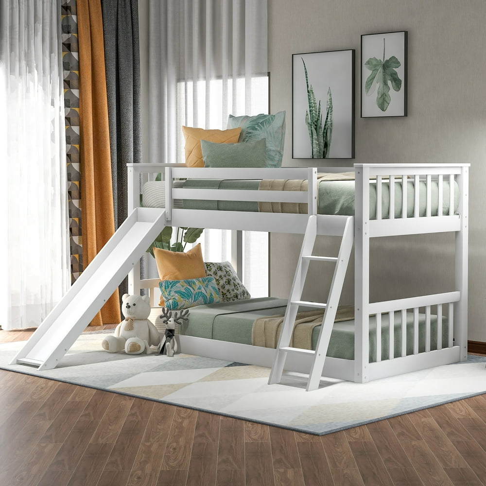 EUROCO Twin Over Twin Floor Bunk Bed with Slide and Ladder, White