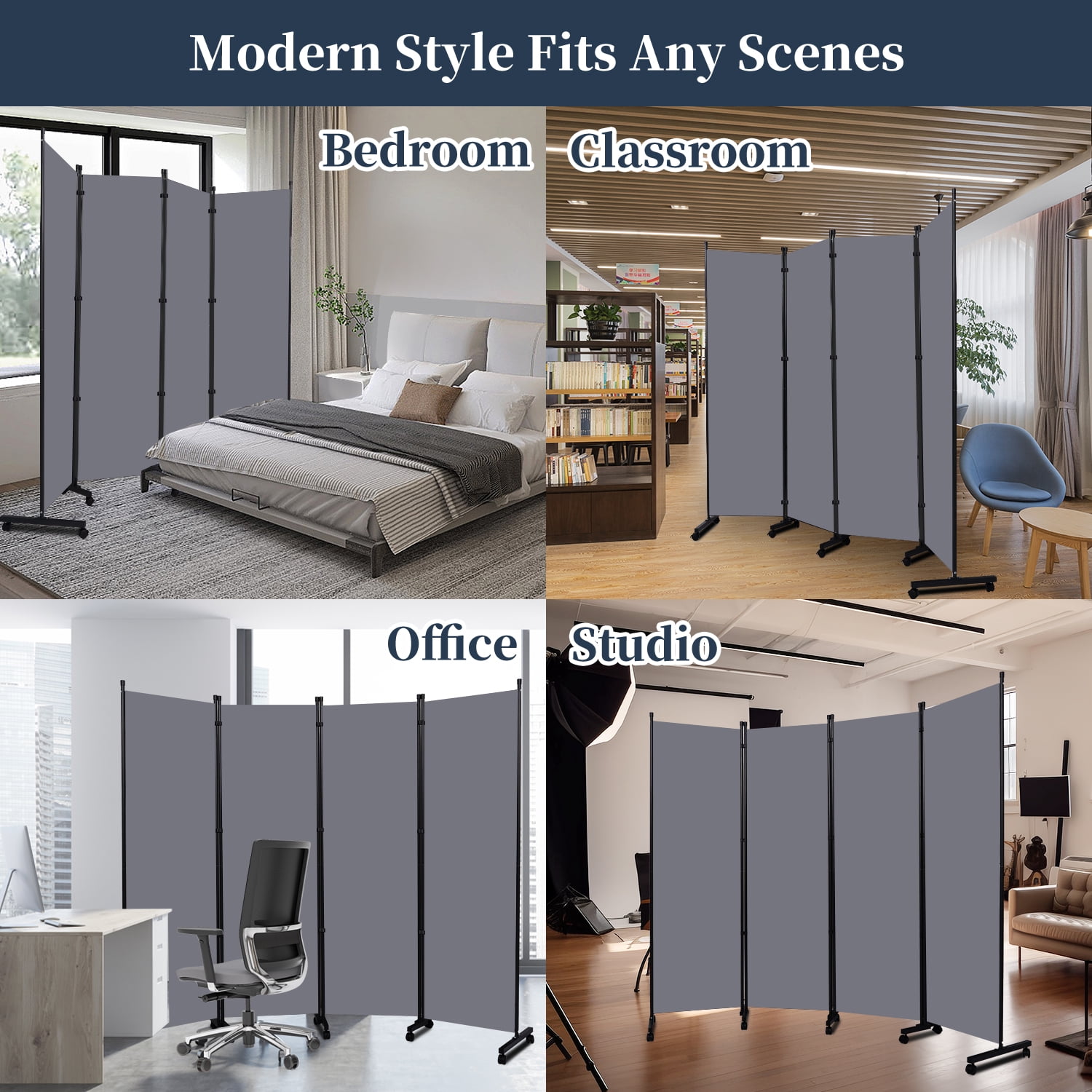 JVVMNJLK Room Divider & Privacy Screen, Polyster Gray, 88", 4 Count