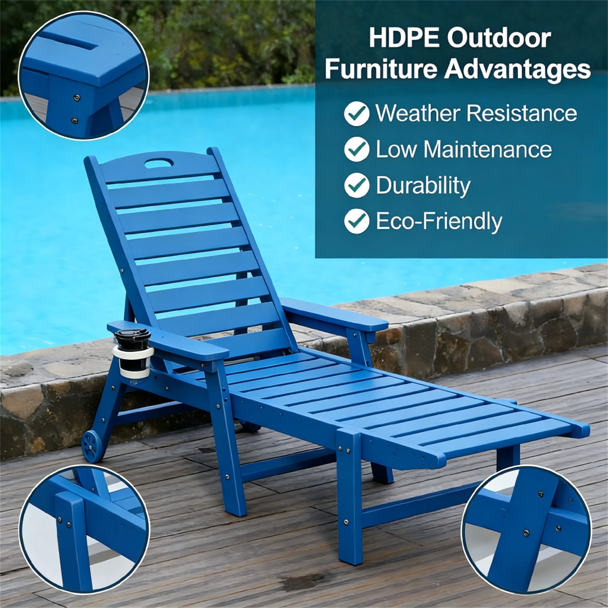 Aukfa HDPE Outdoor Patio Chaise Lounge Chair w/ Cup Holder&Wheels, 360 LBS Capacity, Blue