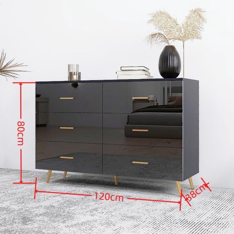 6-Drawer Dresser,High Glossy Surfac Double Dresser Vanity with Golden  Handle and Golden Steel Legs,for Living Room Bedroom,Black