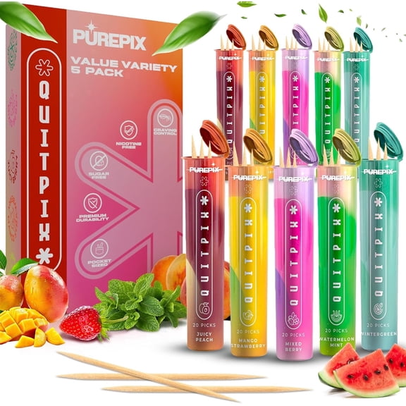 QuitPix to Help Quit Smoking Extra Thick Flavored Toothpicks with NAC & L-Theanine, That can Help Quit Smoking - Oral Fixation - Nicotine Free - Kosher, Vegan, 5 Flavors Variety Pack of 2