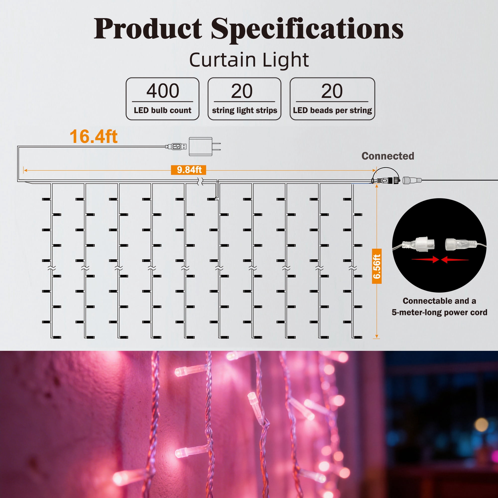 Beatineon 400 LED Curtain Lights, 9.8x6.5Ft, Plug in Window Curtain Lights, Hanging Christmas String Lights for Bedroom Garden Wedding Party Outdoor Indoor Wall Decorations,Pink