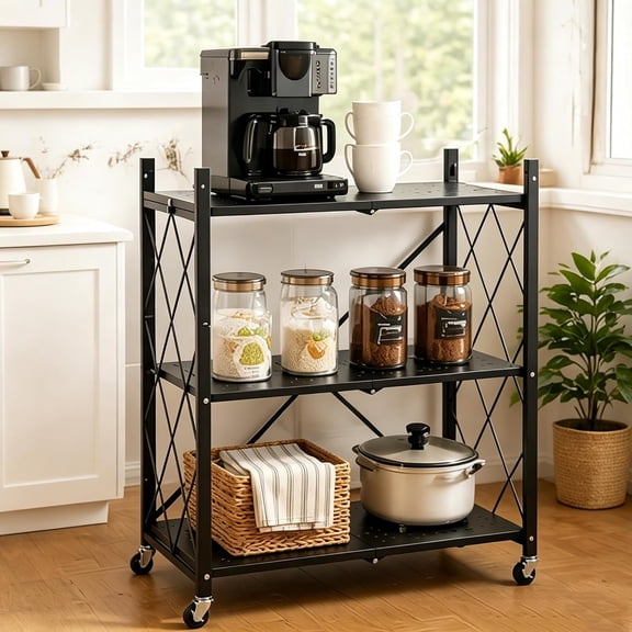 3-Tier Foldable Storage Shelves with Wheels, Kitchen Folding Shelving Units, Heavy-Duty Metal Organizer, Foldable Storage Rack for Bookshelf Garage Pantry Office 28"W x 13.5"D x 34"H black