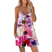 TWIFER Casual Jumpsuits Romper for Women Summer Sleeveless O Neck Spaghetti Strap Flower Printed Pocket Shorts Overalls