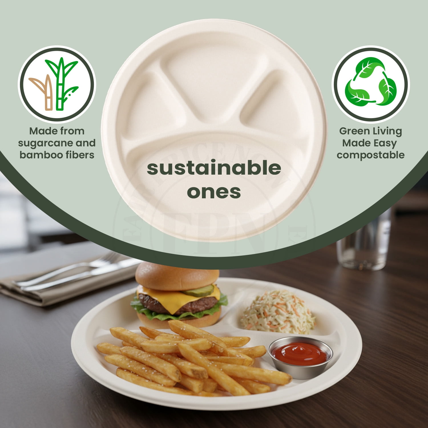 FPN Disposable Plates 4 Compartment 125 Pack 12x12 in Bagasse Compostable