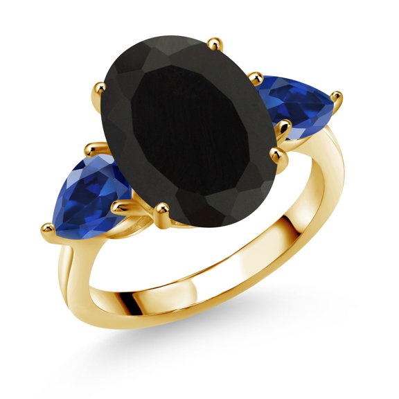Gem Stone King 18K Yellow Gold Plated Silver Black Onyx and Blue Created Sapphire Ring for Women (7.00 Cttw, 14X10MM Oval and 7X5MM Pear Shape, Gemstone December Birthstone, Size 6)