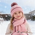 thumbnail image 2 of Conjunto de 3 gorros, bufandas y guantes para niños, color sólido, textura retorcida, bola de peluche decorativa, gorro, bufanda larga y guantes, accesorios elásticos de invierno., 2 of 8