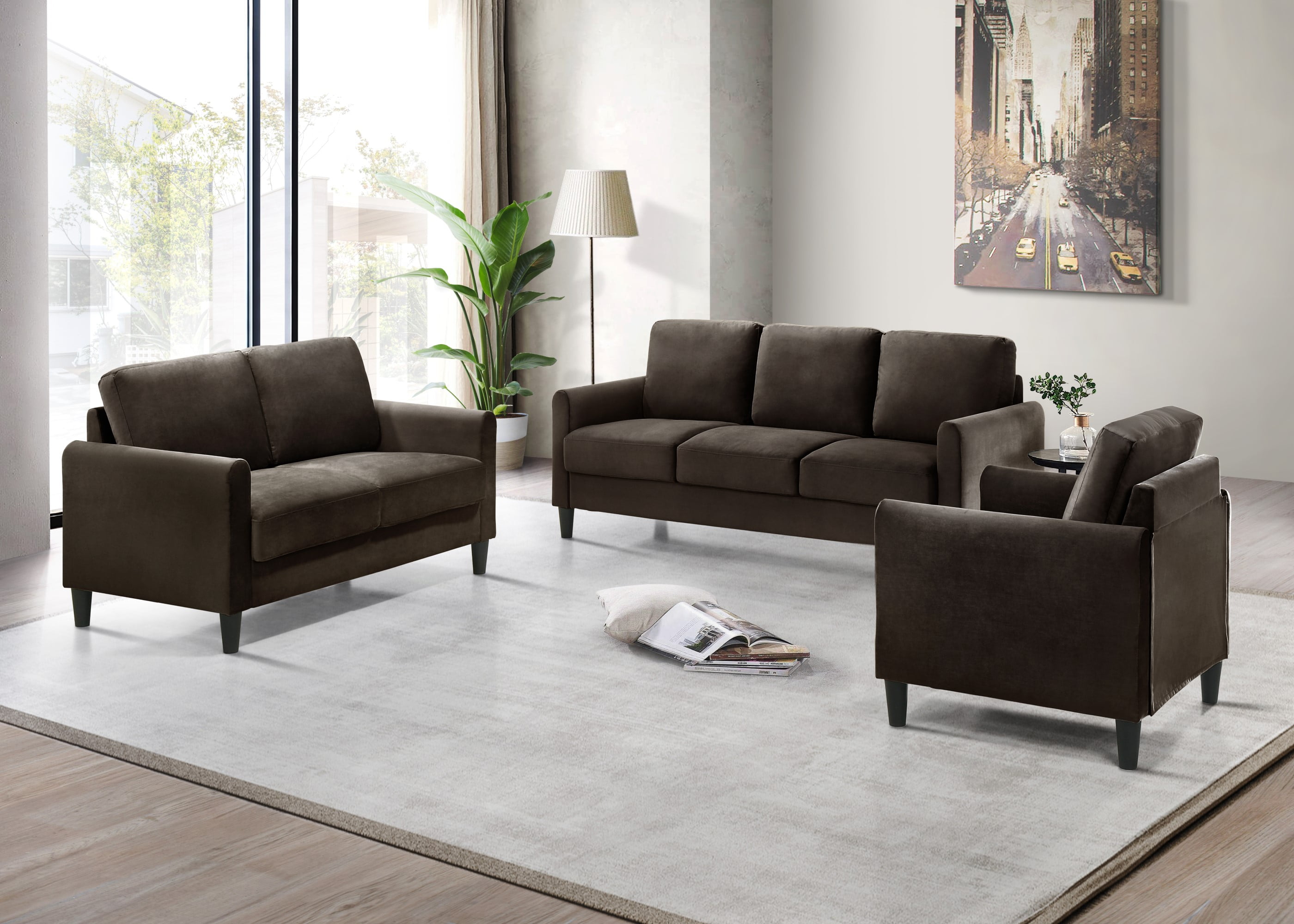 Home Design Airell Velvet Arm Sofa with Plush Armrests and Sleek Black Legs, Modern Upholstered Design for Living Room, Brown