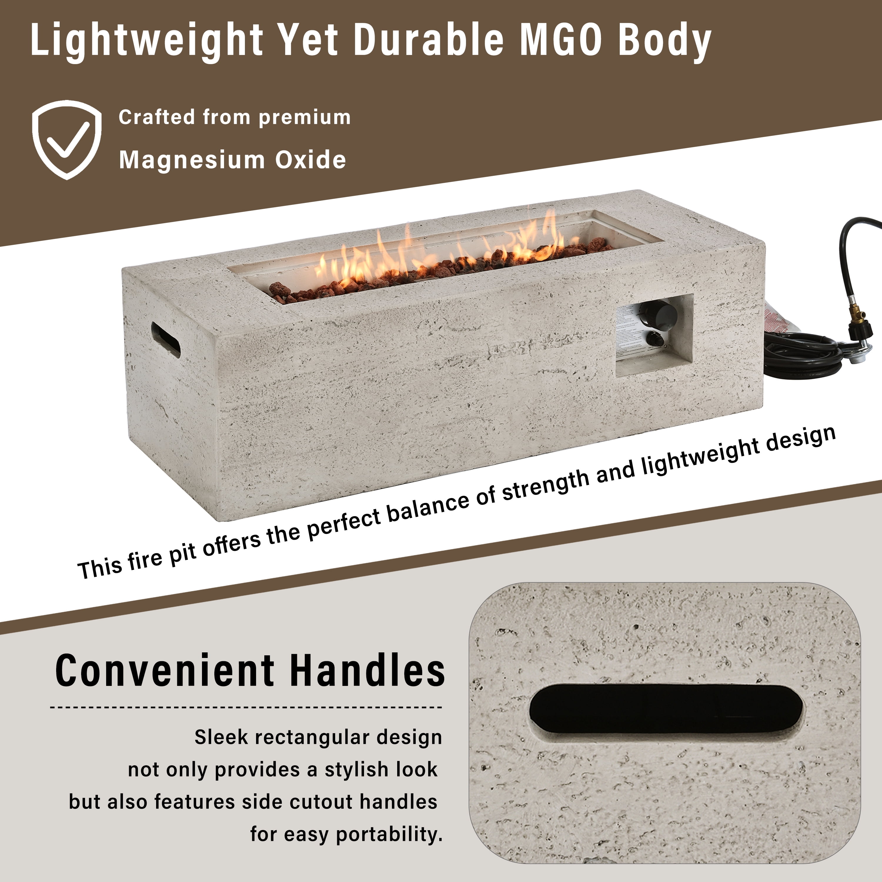 Harper & Bright Designs Outdoor Rectangular Propane Fire Pit 40000 BTU, 41.9''MGO Patio Heater with Stainless Steel Burner and Free Lava Rocks, Waterproof Cover for Courtyard, Beige+Grey