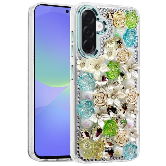 For Samsung Galaxy A37 Phone Case, 3D Diamond Floral Roses Flower Bling Stone Hybrid, Sparkly Rhinestone Gemstone Back Shockproof Cover for Samsung A37 - Green