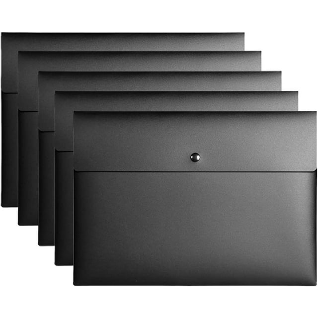 Apuakthei - Carpeta de archivos con bolsillos, sobre de plástico, carpeta plana para documentos, organizador de cartas con cierre de botón a presión, tamaño carta A4 (paquete de 5, color negro)