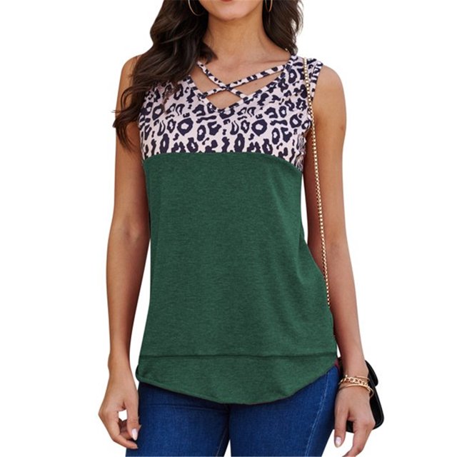 Qarigey Camisa sin mangas con cuello en V y estampado de leopardo para mujer Prendas para la parte del cuerpo Verde SG Qarigey AP002393-04