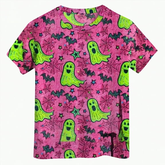 CAUYDY Girls Halloween T-Shirt Ghost Shirts Spooky Season Kids Graphic Tee Short Sleeve Tops(A01- Red,3-4 Y)