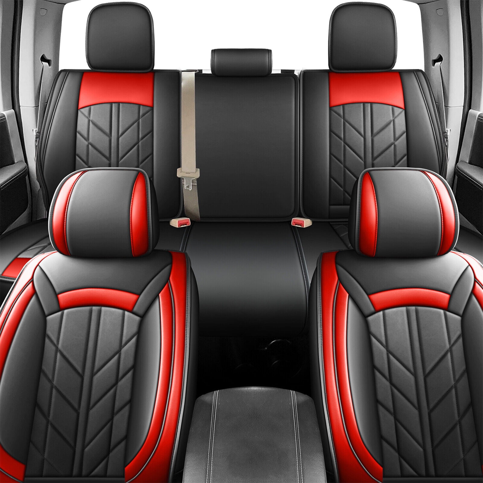 Car Seat Covers Fit for Dodge Ram 1500/2500/3500 2009-2023 Truck PU Leather Front Rear Full Set Black+Red