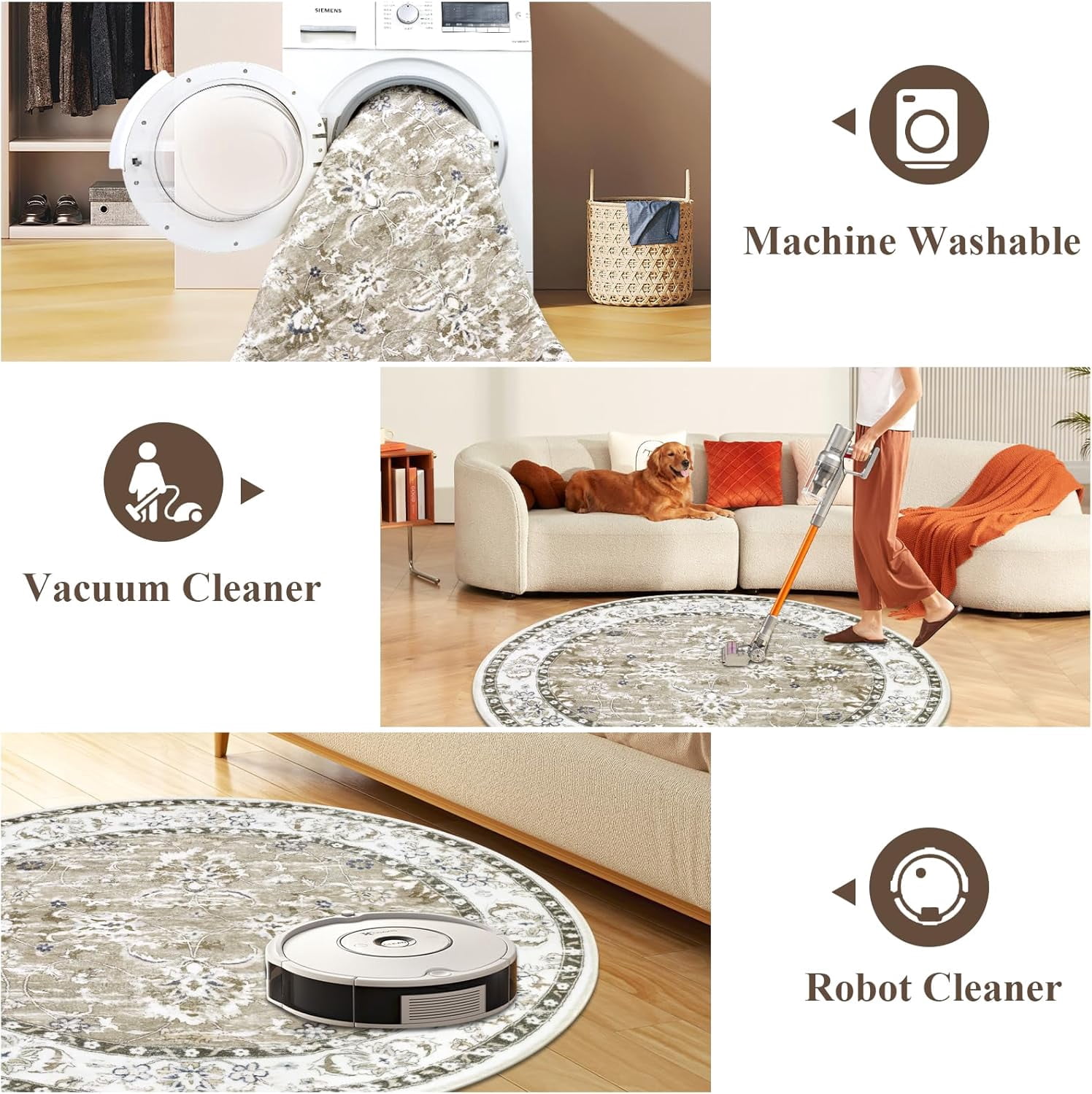 MJIAexp 4ft Mandala Boho Round Rug Circle Rug Non-Slip Machine Washable Area Rug Soft Bedroom Rug Throw Rug Vintage Carpet for Living Room Kitchen Dorm Coffee Table Distressed Brown