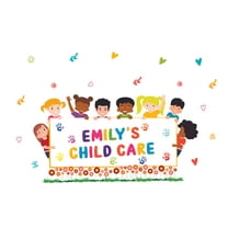 DAYCARE - Adhesive Cartoon Art Decor Children Daycare Sign Board Design Vinyl Wall Decal Sticker - Multicolored Personalized Name Lettering Art Kids Playroom Removable Wall Decoration 30" x 20"